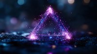 Glowing triangle shape formed by magical purple and blue sparkles against dark background with bokeh lights and particles, creating mystical atmosphere.