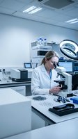 Female scientist examining samples through microscope in modern laboratory wearing white coat for research and analysis work.