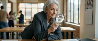 Senior woman with gray hair, wearing dark blazer, holding magnifying glass over documents at desk in modern office environment with colleagues in background, representing investigation, analysis, and professional research.