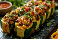 Stuffed zucchini boats filled with colorful vegetable mixture, corn, tomatoes and herbs on dark slate board. Healthy Mediterranean cuisine for dinner.