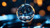 Crystal glass sphere with water drop and bokeh lights creating magical refraction effect against dark background with golden and blue highlights.