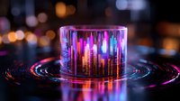 Glowing cylindrical glass object with vibrant neon purple, pink and blue light reflections against dark background with bokeh effect creates futuristic atmosphere.