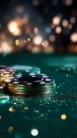 Stack of poker chips on green felt table with golden bokeh lights and glitter creating luxurious casino atmosphere. Macro shot captures gaming detail.