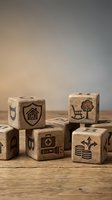 Wooden cubes with engraved business and finance icons on rustic table surface for corporate strategy and planning concepts.