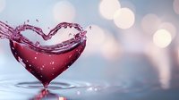 Red wine splash forming heart shape with bokeh lights background for romantic celebrations and love concepts.
