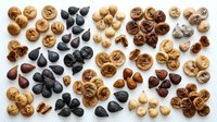 Assorted nuts and seeds arranged on white background including walnuts, almonds, sunflower seeds, pumpkin seeds and black sesame seeds for cooking, baking and healthy snacking.