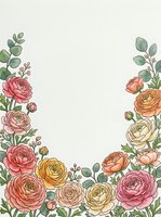 Watercolor floral border with pink, yellow, and orange ranunculus flowers and eucalyptus leaves, soft pastel tones, copy space for text.