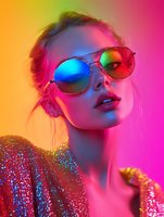 Young woman in aviator sunglasses and glitter dress illuminated by vibrant neon lights creating dramatic multicolored shadows and reflections on face and clothing.