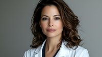 Young Hispanic female medical professional with wavy brown hair wearing white lab coat and confident expression against gray studio background. Professional healthcare portrait.