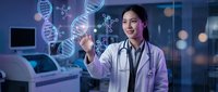 Asian female doctor in white coat with stethoscope touching holographic DNA helix and molecular structures in modern medical laboratory setting.