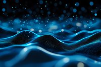 Digital blue particle waves flowing with glowing dots and bokeh effects on dark background for technology and data visualization concepts.