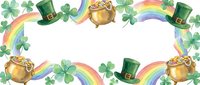 St. Patrick's Day frame with leprechaun hats, gold coins pots, four-leaf clovers and rainbows on white background for festive holiday designs.