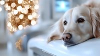 Dreamy portrait of golden retriever puppy resting on white couch with soft bokeh lights in background creating cozy holiday atmosphere.