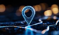Glowing blue location pin marker floating over digital map with bokeh lights background, representing GPS navigation and location-based technology.