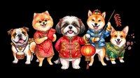 Five cute dogs in Chinese New Year outfits, holding lantern and firecrackers, isolated on transparent background. Great for stickers, t-shirt design, print on demand.