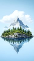 Majestic snow-capped mountain peak rising above evergreen forest on rocky island, reflecting perfectly in calm blue water against light sky background.
