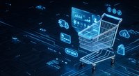 Digital shopping cart with glowing blue interface elements and e-commerce icons floating in futuristic cyber space for online retail technology concepts.