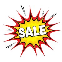 Comic book style sale burst with yellow center and red flames on white background for promotional marketing and advertising campaigns.