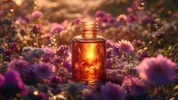 Amber glass essential oil bottle surrounded by purple wildflowers in golden sunset light creating magical aromatherapy and natural wellness atmosphere.