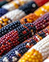 Colorful ornamental corn cobs showing vibrant patterns of red, black, yellow, and white kernels in diagonal composition, macro photography with selective focus.