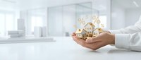 Professional hands holding miniature house model with percentage symbols representing mortgage rates and real estate investment opportunities.