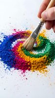Artist hand holding brush applying vibrant blue, magenta, yellow and green powder pigments on white surface for creative art project, painting and design work.