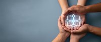 Diverse hands united around glowing healthcare network symbol, representing medical collaboration, teamwork, and digital health technology solutions for community wellness.