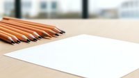 Sharp wooden pencils lined up in row next to blank white paper on wooden desk surface, creating minimalist composition for education and creativity concepts.