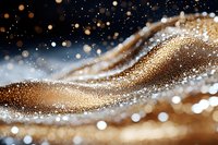 Golden glitter wave flowing with sparkling particles and bokeh lights creating luxurious abstract background for celebration and holiday designs.
