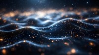 Abstract digital waves with glowing particles and bokeh effects in dark blue and orange colors create dynamic flowing motion against black background.