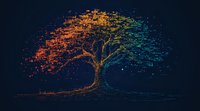Glowing digital tree with gradient colors from orange to blue on dark background, pixelated particles forming branches and leaves create magical atmosphere.