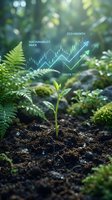 Green seedling emerging from soil with digital growth charts and eco-investment data overlay in natural forest environment for sustainable finance concepts.
