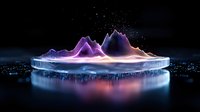Glowing purple mountain landscape on illuminated circular platform with reflection against dark background, creating futuristic abstract visualization.