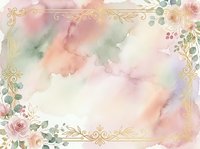 Soft watercolor background with pastel pink, peach, and green washes, ornate gold filigree corners, and delicate floral elements including roses and eucalyptus leaves. Suitable for wedding invitations, greeting cards, and elegant design projects.