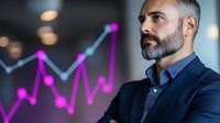 Middle-aged Caucasian businessman with gray beard in navy suit looking at glowing pink and blue financial chart graph showing market growth trends on glass wall.
