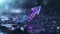 Glowing neon arrow pointing upward on dark wet surface with water drops and bokeh lights, symbolizing growth, success and business progress.