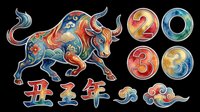 Colorful bull illustration with ornamental Asian design elements, featuring decorative numbers and traditional motifs isolated on transparent background. Ready for t-shirt design, clipart, stickers, sublimation, and print-on-demand products.