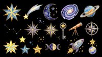Celestial and space themed icons collection featuring stars, moons, planets, rockets, telescopes, and cosmic elements isolated on transparent background. Ready for t-shirt designs, clipart, stickers, sublimation, and print-on-demand projects.