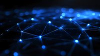 Glowing blue network connections on dark background with interconnected nodes and lines creating futuristic technology pattern for digital transformation concepts.