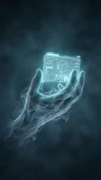 Skeletal hands holding glowing holographic tablet displaying engineering blueprints and design schematics against dark atmospheric background. Concept for technology, innovation, digital transformation.