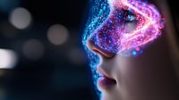 Glowing neon particles form luminous waves around feminine profile with bright pink lips against dark background, representing digital transformation and artificial intelligence.