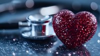 Red glittery heart shape next to medical stethoscope on dark background with bokeh lights, representing healthcare, love and cardiology concept.
