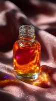 Small glass bottle with amber liquid on pink silk fabric, illuminated by colorful light reflections creating magical rainbow effects and sparkles.