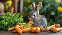 Gray rabbit eating fresh carrot surrounded by orange carrots and green parsley on wooden table with blurred garden background.
