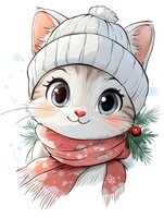 Cute white kitten wearing winter knit hat and pink scarf with snowflakes pattern, decorated with pine branch and red berry. Cartoon style illustration.