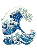 Stylized ocean waves with dramatic blue and white swirling patterns isolated on white background, suitable for apparel design, wall art, and graphic projects.
