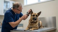 Middle-aged Caucasian male veterinarian examining German Shepherd dog ears with otoscope in modern clinic. Professional pet healthcare and medical checkup.