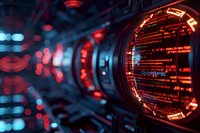 Futuristic cyber tunnel with glowing red digital code and binary data streams reflecting in curved glass panels, creating dynamic technological atmosphere.