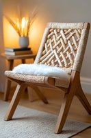 Cozy woven rope chair with wooden frame and white fur cushion in warm-lit living room with decorative wheat stalks in background.