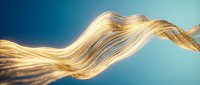Flowing golden liquid wave with metallic sheen against blue background, suitable for luxury branding, cosmetics, and abstract design projects.